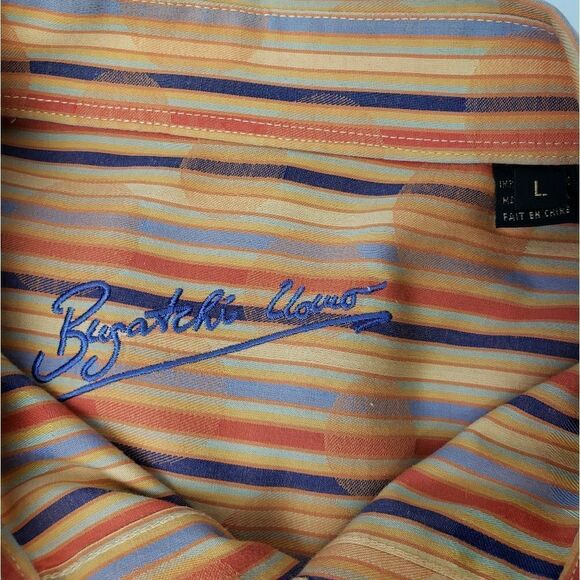 Bugatchi Uomo Striped Flip Cuff Shirt Men's Size Large Orange Yellow Blue - Picture 6 of 9
